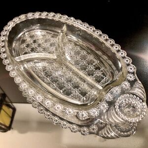 VTG Clear Pressed Glass Circles Dots Grid 3 Section Relish Condiment Candy Dish